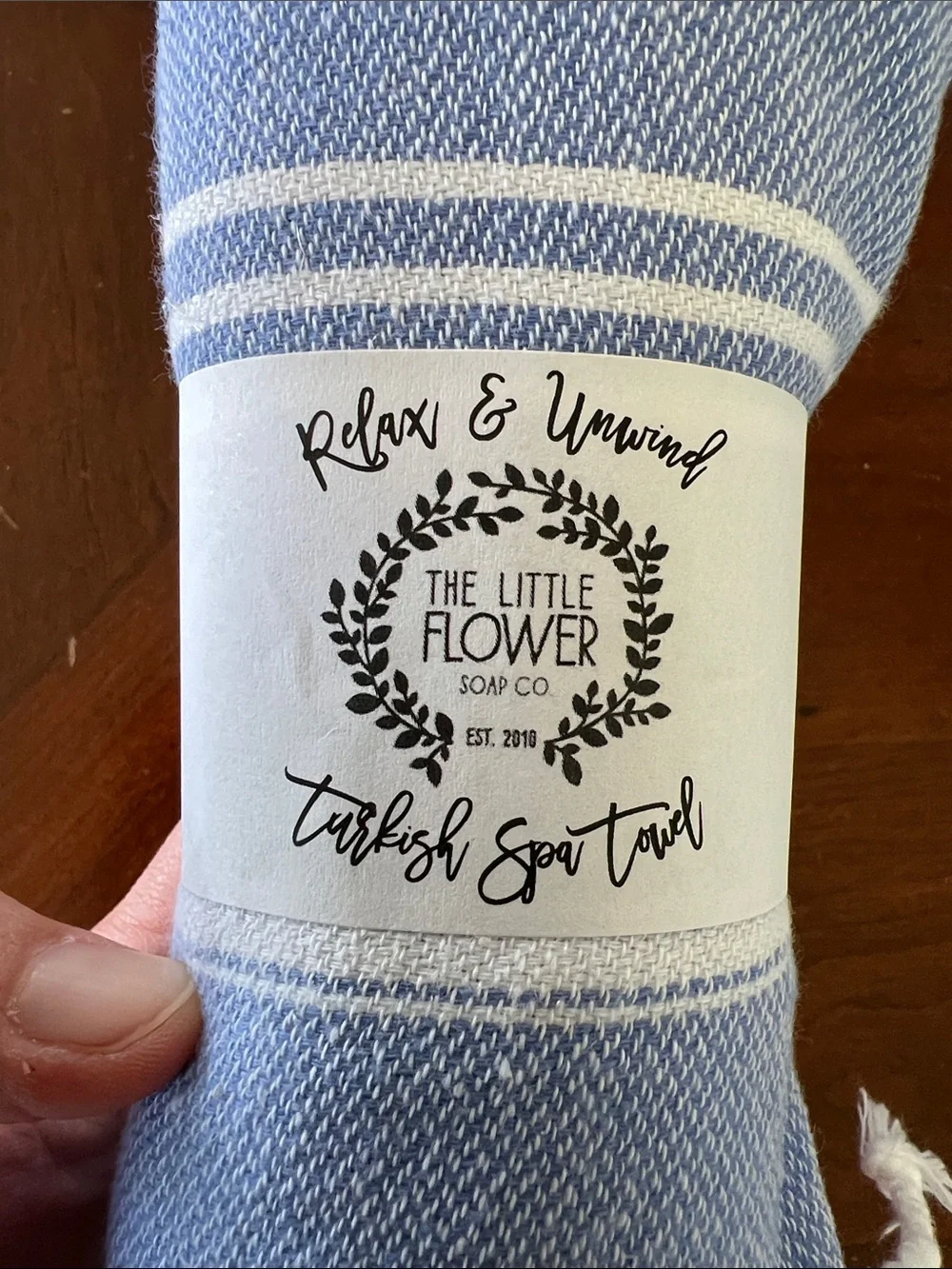 Turkish Spa hand Towel - Sky Blue with White Stripes NWT